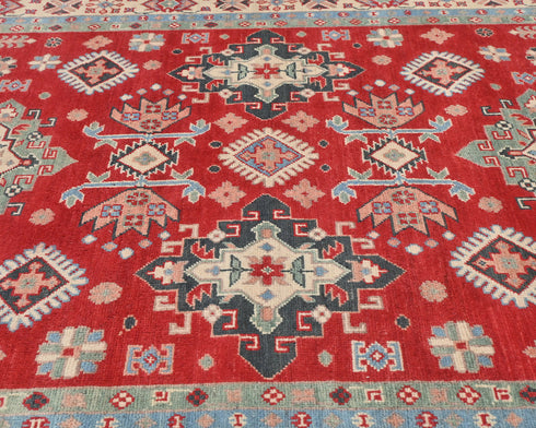 5x7 Red Kuba Afghan Hand Knotted Wool Area Rug